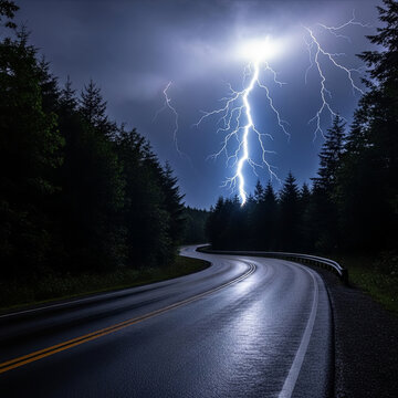 &Eacute;clair puissant illuminant une route sinueuse bord&eacute;e de for&ecirc;t sous un ciel nocturne orageux
