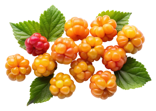 A cluster of ripe orange cloudberries and one red unripe berry with green leaves isolated on transparent background