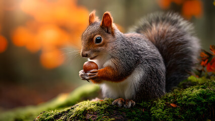 Obraz premium A squirrel savors a tasty nut. This adorable animal sits on a moss-covered log in a vibrant autumn forest.