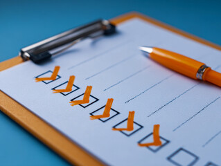 Orange pen placed on a clipboard with a checklist featuring multiple orange check marks against a vibrant blue background representing task completion and organization