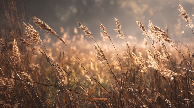 Misty autumn meadow with tall dried grass swaying at golden hour - Powered by Adobe