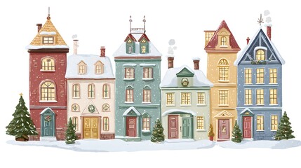Christmas village houses. Cute cartoon houses in winter. Flat illustration on a white background. Hand drawn watercolor illustration of houses in the city. Christmas card