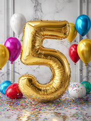 Festive celebration with a large gold foil number five balloon surrounded by colorful helium balloons and confetti for a special fifth birthday or anniversary event
