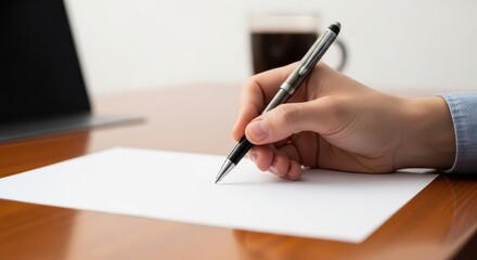 A person holding a pen is about to write on a blank sheet of paper placed on a wooden desk, with a laptop and coffee cup nearby.