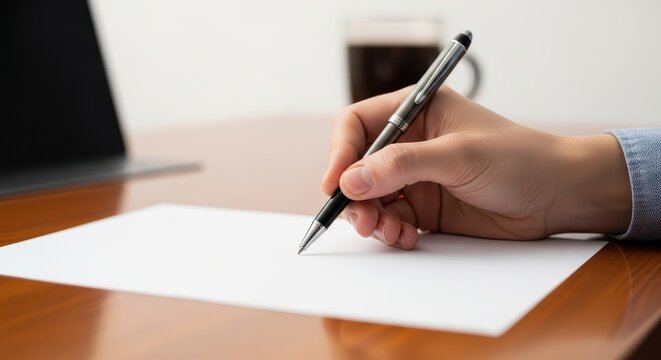 A person holding a pen is about to write on a blank sheet of paper placed on a wooden desk, with a laptop and coffee cup nearby.