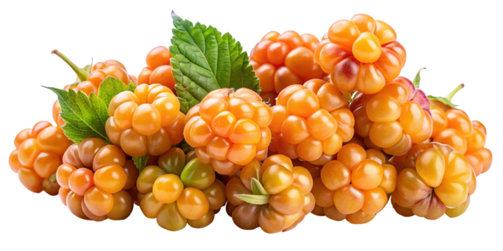 A vibrant cluster of ripe golden cloudberries with green leaves isolated on transparent background - Powered by Adobe