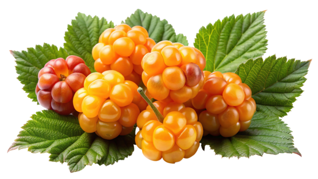 A cluster of ripe orange cloudberries and unripe red cloudberries surrounded by green leaves isolated on transparent background