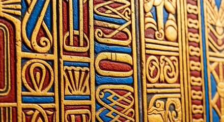 Close-up of an intricately carved and painted panel featuring ancient Egyptian-style hieroglyphs and symbols in gold, red, and blue.
