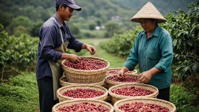 Harvest hands sort red coffee cherries