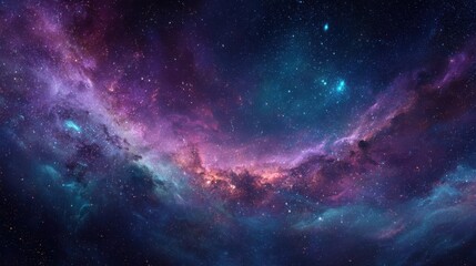 Naklejka premium A vibrant cosmic swirl of purple blue and pink colors showcasing the beauty of space filled with shining stars and celestial patterns.