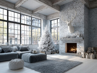 Fototapeta premium Jasny loft w chłodnych zimowych odcieniach, z dużymi industrialnymi oknami. Wnętrze jest urządzone świątecznie z białą choinką i kominkiem z głową jelenia na ścianie z cegły.