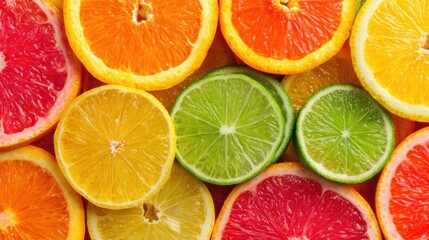 Obraz premium Various slices of citrus fruits are arranged beautifully. Bright oranges lemons limes and pink grapefruits offer a cheerful and refreshing look.