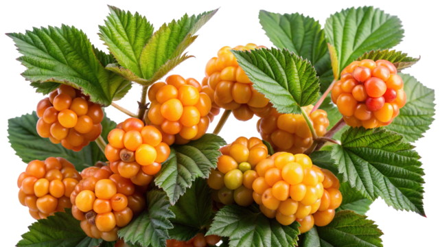 Ripe golden cloudberries clustered on green leafy branches isolated on transparent background - Powered by Adobe