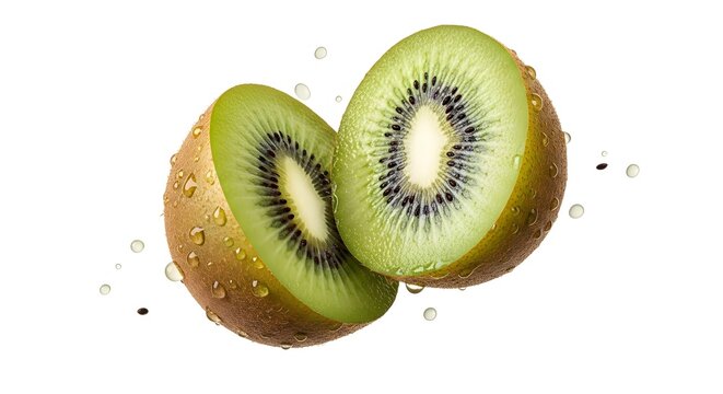 flying Fresh kiwi fruit sliced in half, 