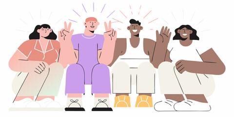 Diverse group of friends smiling and making peace signs and waving hello