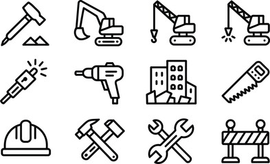Construction equipment tools icons set vector illustration engineering work site