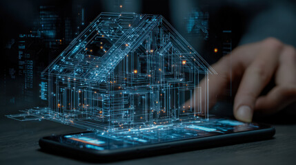 Digital hologram of a smart house emerging from a smartphone screen
