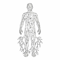 Fototapeta premium Geometric wireframe human figure connected to the earth through deep roots, a metaphor for stability, growth, and ancestral foundation