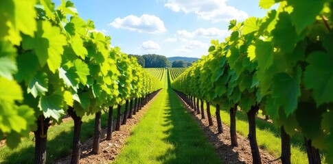 Naklejka premium Sun-drenched Vineyard Ready for Harvest Rows of Lush Green Grapevines Promise a Bountiful Wine Crop