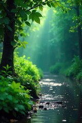 Obraz premium Rain-Soaked Landscape Vibrant Green Foliage Glistening Under a Gentle Rain, Tranquil Forest Scene