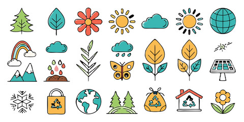Fototapeta premium Colorful Nature Icons Representing Environmental Elements