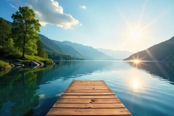 Fototapeta premium Serene Lake Scene Calm Water Reflecting Sunlight, Peaceful Floating Dock, Ideal for Relaxation and Watersports