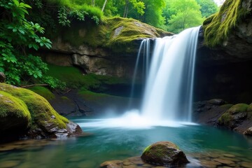 Fototapeta premium Serene Waterfall Cascading over Mossy Rocks Tranquil Nature Scene Perfect for Relaxation and Meditation