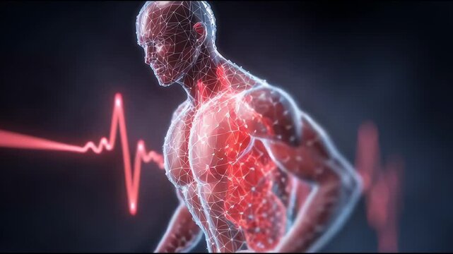 Running Man in a Digital World With Heart Rate Display, Showcasing Movement and Vitality in a Futuristic Setting