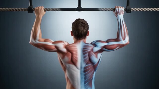 Anatomical view of muscles of a man doing pull-ups. Strength, exercise, workout, bodybuilding in Fran&ccedil;ais, English, Deutsch, Espa&ntilde;ol, Italiano,