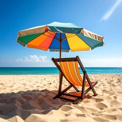 Beach scene with umbrella and chair. Sunny day