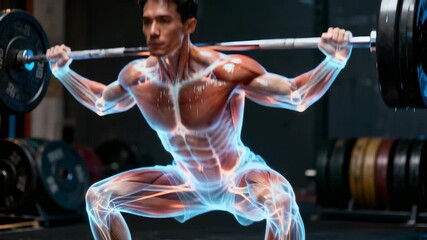 Anatomical weightlifting squat digital illustration. Bodybuilding and fitness concept. Exercise, strength training with barbell. Gym focus. - Powered by Adobe