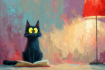 A charming digital painting of a curious black cat with bright yellow eyes sitting on an open book illuminated by the warm glow of a nearby red lamp in a cozy room