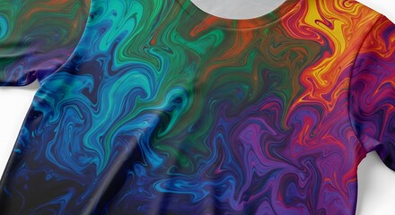 Detailed view of a multicolored t-shirt featuring an abstract marbled ink design with psychedelic swirls of vibrant color
