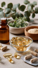 Golden transparency omega-3 fish oil capsules. Magnesium powder in small glass bowl with leafy greens. Vitamin B12 capsules in clean blister pack. Medical magazine minimalist design. Vertical image