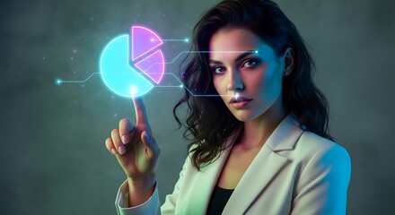 Woman interacting with glowing data visualization touching
