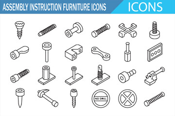 Workshop Fastener Symbols — Line Set of Bolts, Nuts, Washers, Pins, Inserts