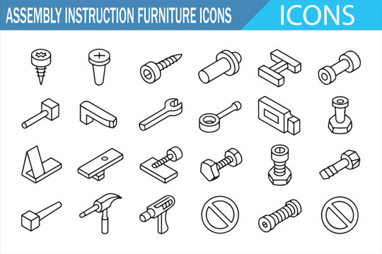 Cam Lock & Dowel Icons — Modern Outline Hardware for Flat-Pack Instructions