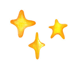 A pencil set with different golden stars, hand-drawn. A children's illustration with colored pencils is isolated on a white background.