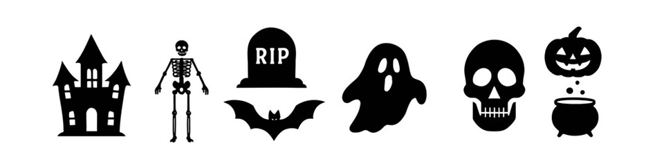 Halloween silhouettes: haunted house, skeleton, ghost, skull, bat, pumpkin