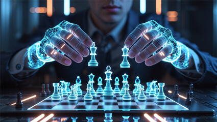 Man playing holographic chess with futuristic hands in a dark room  