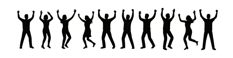 Joyful silhouettes of people celebrating with raised arms