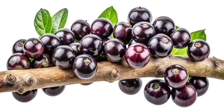 A cluster of ripe dark purple jamun fruits with green leaves on a branch isolated on transparent background