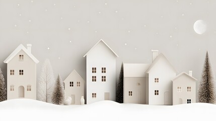Christmas and New Year holiday background with wooden houses in the snow. christmas houses with christmas tree and lights