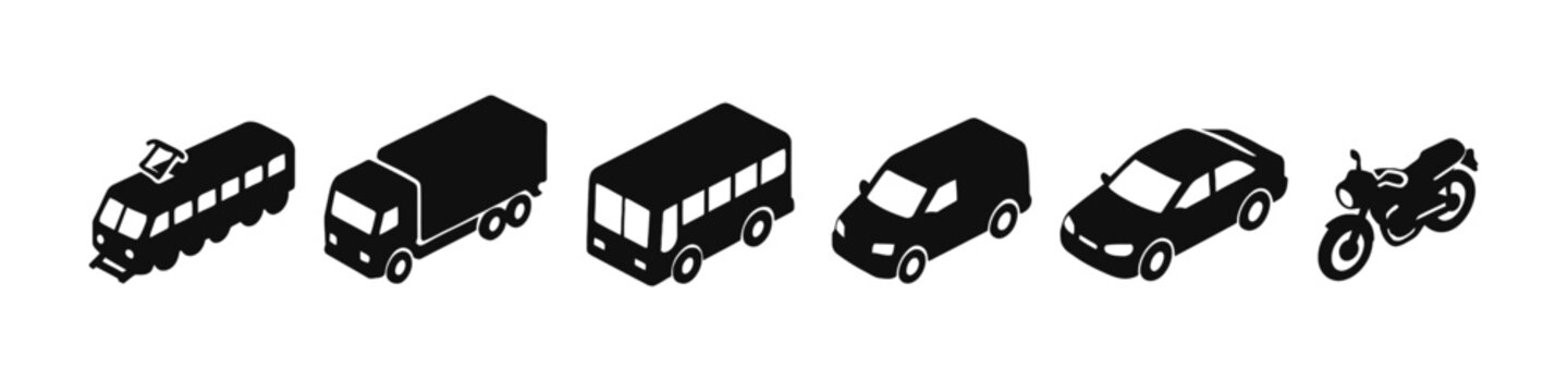 Isometric transportation icons: car, bus, truck, motorcycle, tram silhouettes