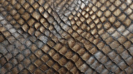 Naklejka premium The close view reveals the unique textures and patterns of reptilian skin showcasing shades of brown and gold.