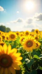 Fototapeta premium A vibrant field of sunflowers basking in the warm sunlight, radiating optimism and joyful energy Perfect for themes of positivity, summer, and new beginnings , warmth, golden hour