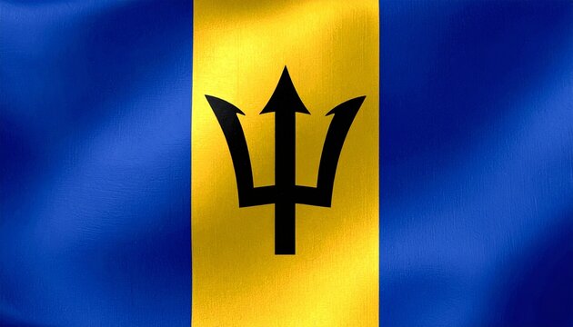 Barbados flag with blue and gold vertical bands, black trident symbolizing independence and break from colonial past.
