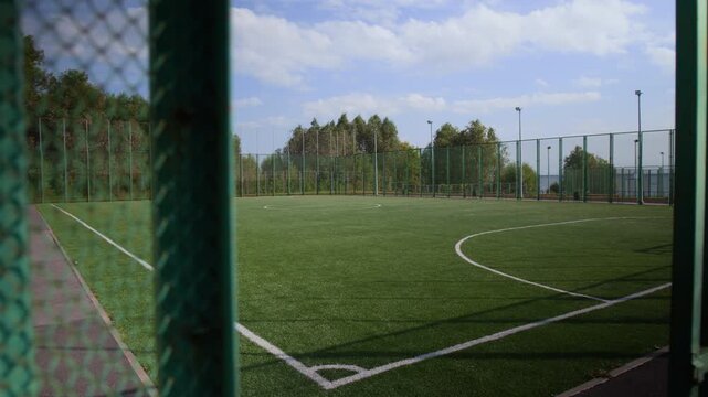 Empty football pitch with metal goal, white touchlines on green grass. Open air pitch surrounded by tall fence and trees