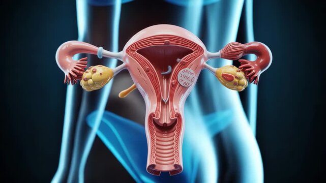 Anatomy of female reproductive system, visualized in a digital artwork. Ideal for educational use and medical visualizations.