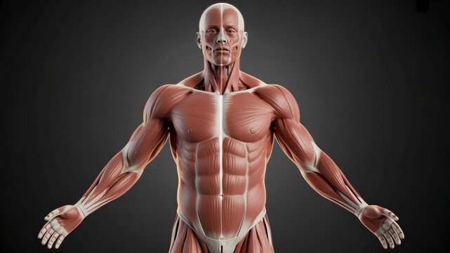 Anatomy of muscles in a human male, detailed representation of musculature, medical and educational resource.